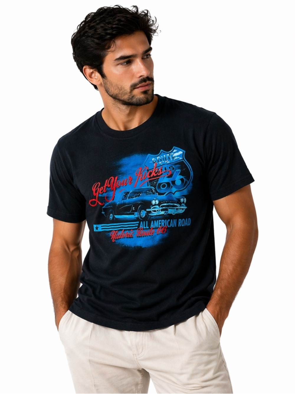 Authentic Route 66 Black Short Sleeve Shirt Blue And Red Design Size Large